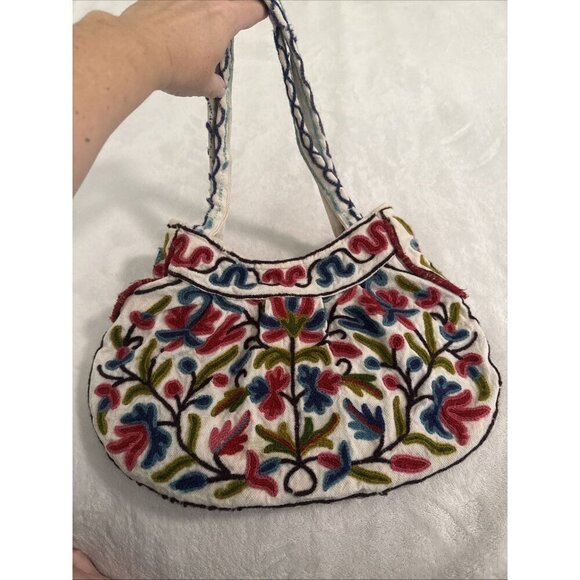 Mitra Wool Embroidered Flowers Purse Shoulder Bag Boho Chic Nepal Sustainable - Picture 3 of 13
